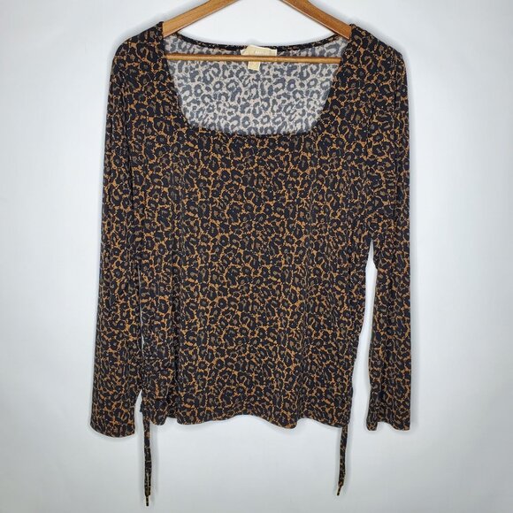 Michael Kors Womens Leopard Print Blouse Size 1X Square Neck Tied Sides Stretchy - Picture 1 of 8